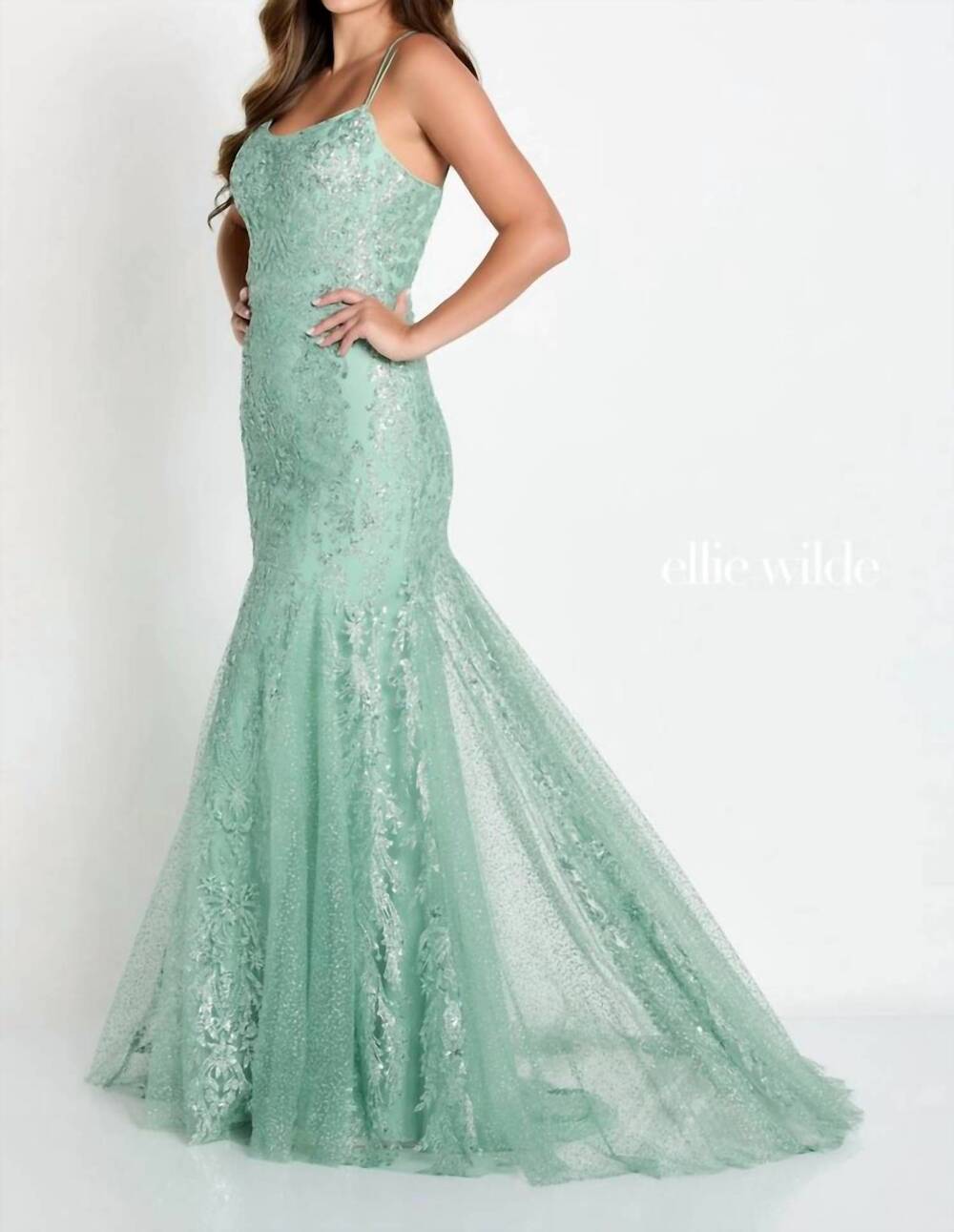 NEW ELLIE WILDE sequin mermaid evening dress in sage